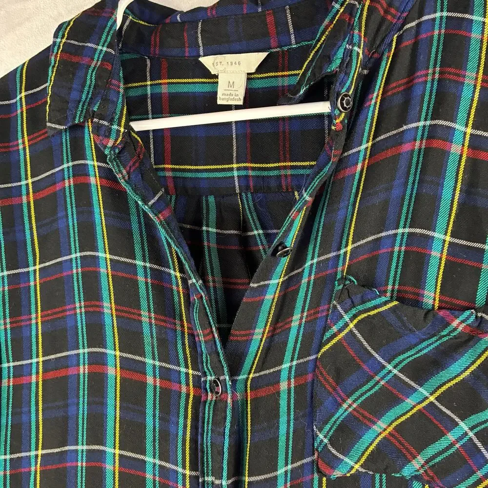 Cato Long Sleeve Button Up Blouse Womens Medium Plaid Black Dark Academia Neons